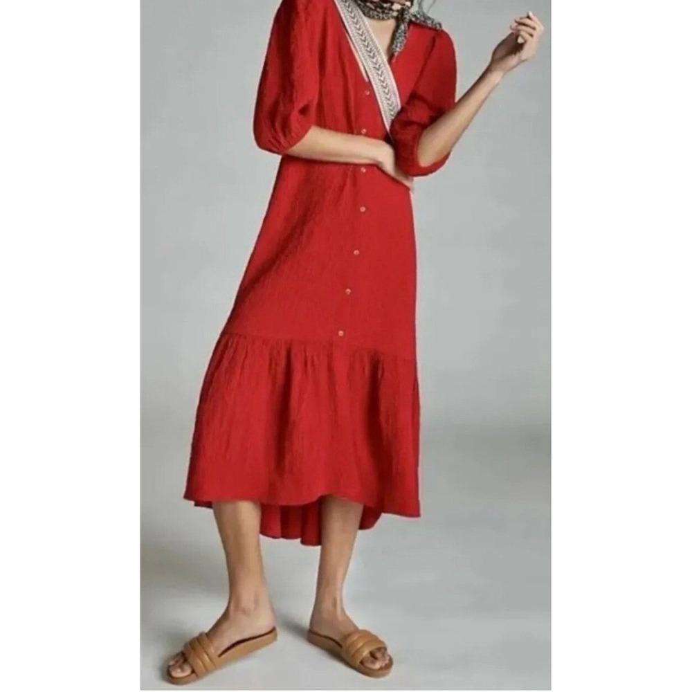 Maeve Anthropologie Seersucker Flounce  Red Crepe Tiered Button Midi Dress Med